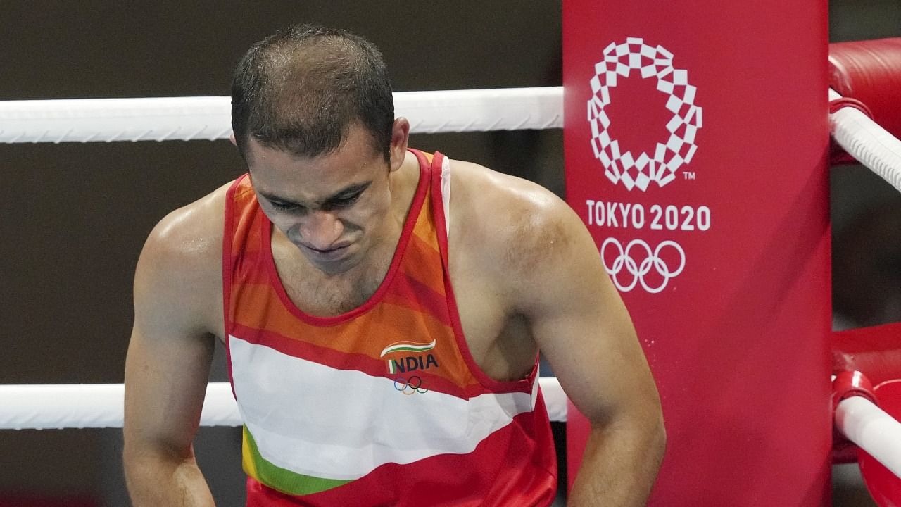 India's Amit Panghal before a bout with Colombia's Yuberjen Martinez in the Men's Flyweight Round of 16 boxing match, at the Summer Olympics 2020 in Tokyo, Saturday, July 31, 2021. Credit: PTI File Photo