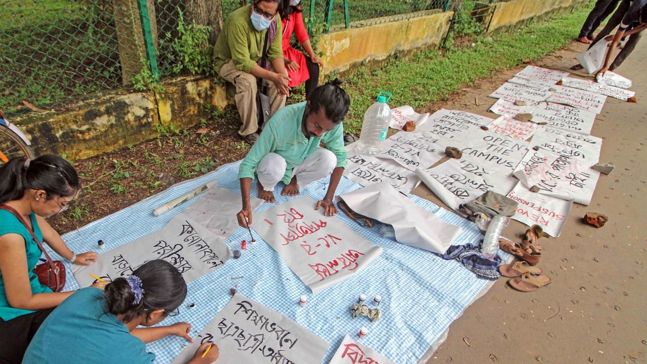 Visva-Bharati University students protest. Credit: PTI Photo