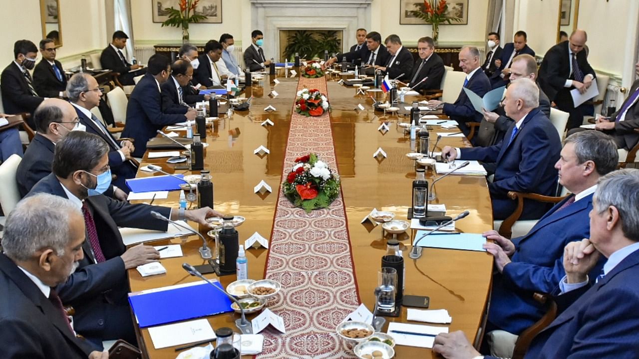 NSA Ajit Doval and Russian Security Council Secretary Nikolai Patrushev in a bilateral meeting in New Delhi. Credit: PTI photo/Twitter@RusEmbIndia