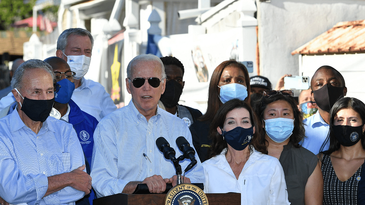 President Joe Biden during a tour of a neighbourhood affected by Hurricane Ida in Queens. Credit: AFP Photo