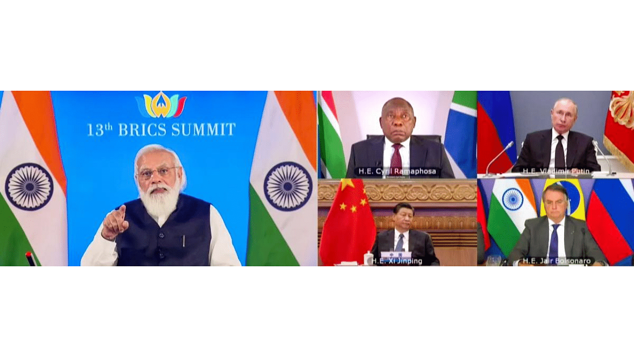 Prime Minister Narendra Modi addresses the BRICS Summit, via video conferencing, in New Delhi. Credit: PTI Photo