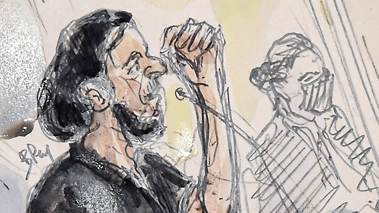 This court-sketch made on September 8, 2021 shows Salah Abdeslam, the last surviving member of the jihadist cell of the November 2015 Paris attacks. Credit: AFP Photo