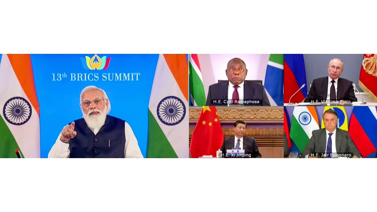 Prime Minister Narendra Modi addresses the BRICS Summit, via video conferencing, in New Delhi. Credit: PTI Photo