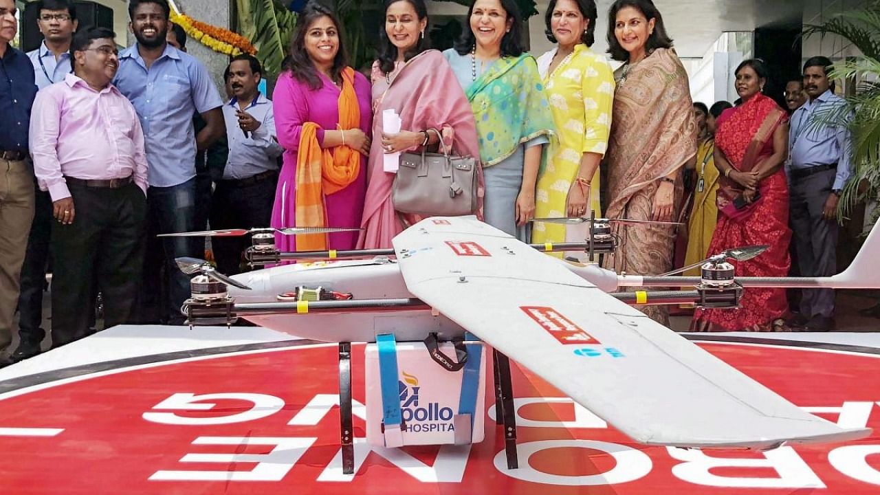  (L-R) Sindoori Reddy, COO Southern Region, Apollo Hospitals; Suneeta Reddy, MD, Apollo Hospitals; Sangita Reddy, JMD, Apollo Hospitals; Shobana Kamineni, EVC, Apollo Hospitals and Preetha Reddy, EVC, Apollo Hospitals; at the launch of the new Drone Delivery Pilot Programme by Apollo Hospitals, in Hyderabad. Credit: PTI Photo