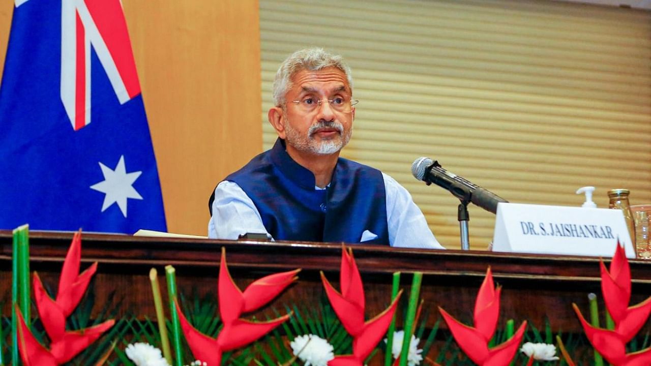 External Affairs Minister Dr S Jaishankar speaks during a press interaction after the inaugural ‘2+2’ Ministerial Dialogue between India and Australia in New Delhi. Credit: PTI Photo