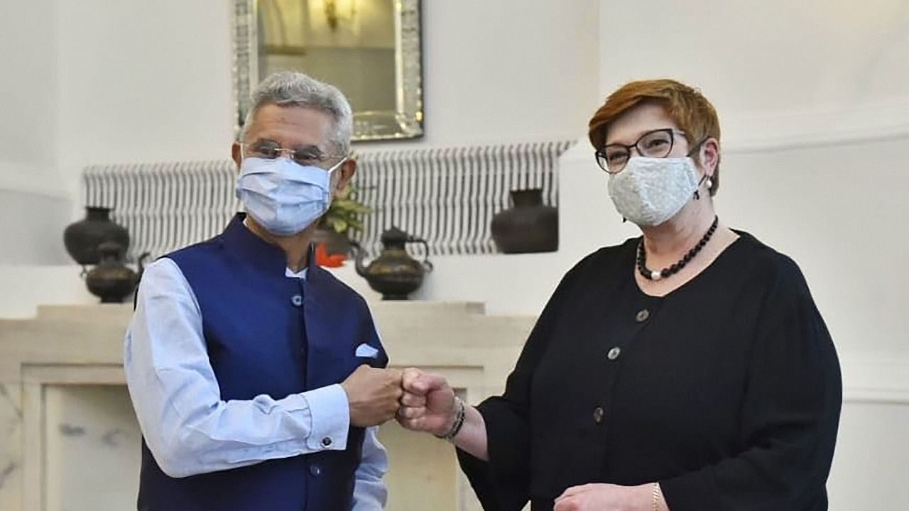 External Affairs Minister S Jaishankar with his Australian counterpart Marise Payne in New Delhi. Credit: PTI Photo/Twitter/@DrSJaishankar
