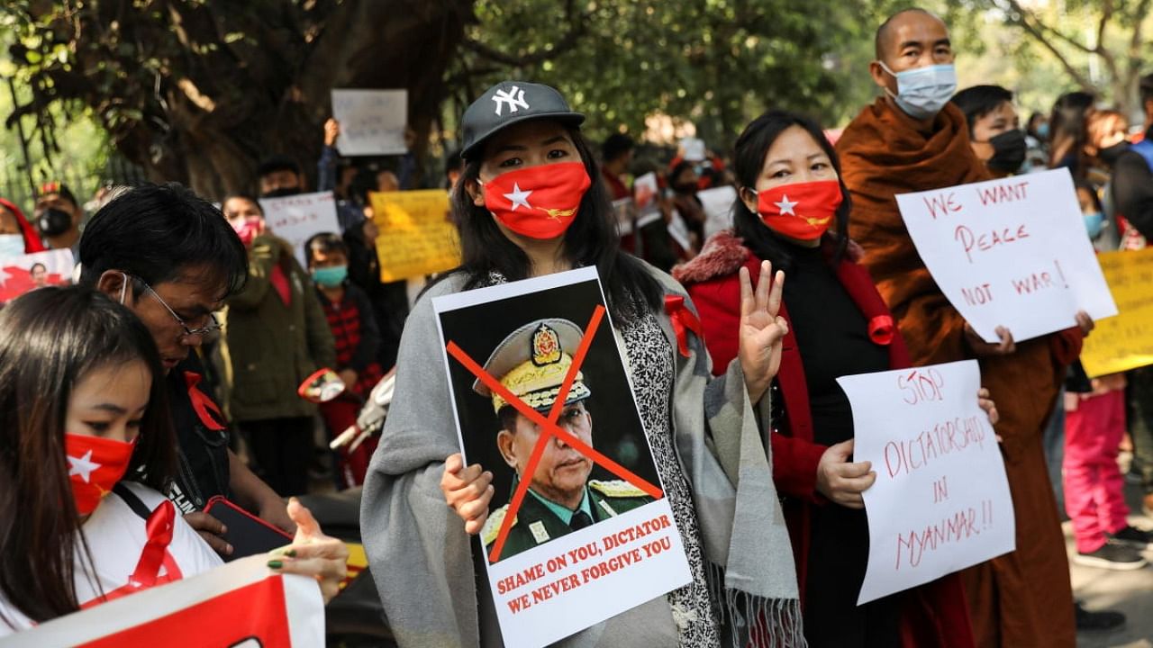 Chin Refugee Committee members protest against the military coup in Myanmar. Credit: Reuters file photo