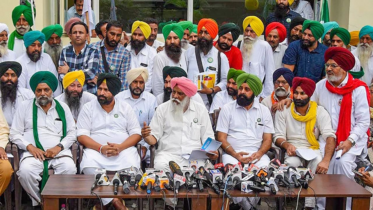 Farmer leaders during a press conference in Chandigarh, Friday. Credit: PTI Photo