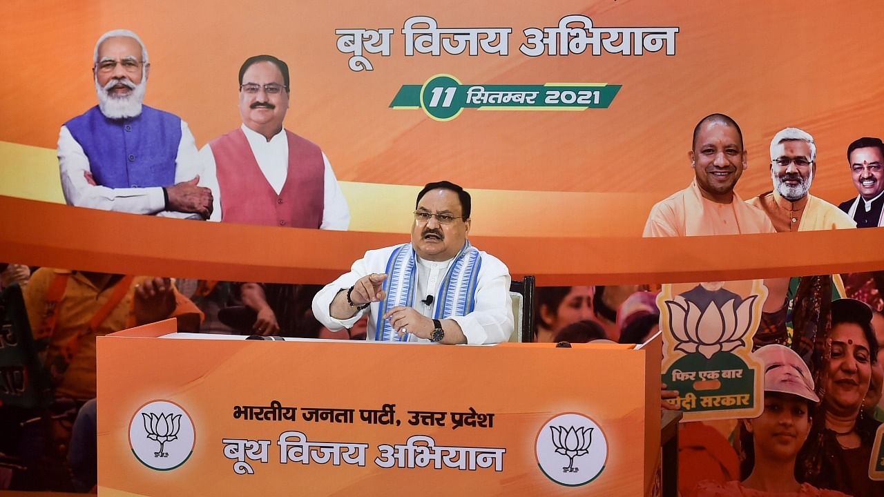 BJP President J P Nadda virtually addresses party workers through the party's 'Booth Vijay Abhiyan' for upcoming UP Assembly elections, in New Delhi, Saturday, September 11, 2021. Credit: PTI Photo