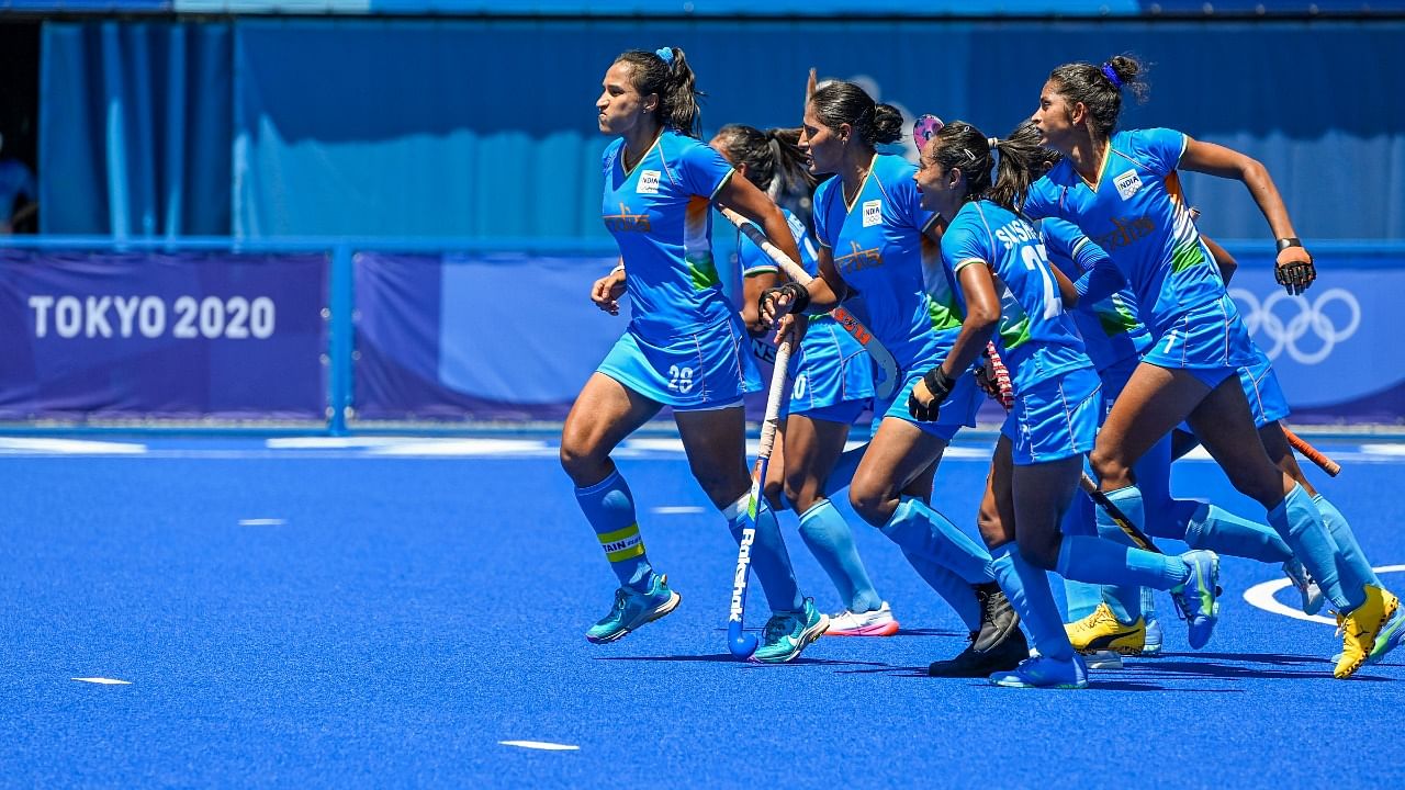 Indian players celebrate a goal against Britain during their women's field hockey bronze medal match, at the 2020 Summer Olympics, in Tokyo. Credit: PTI File Photo