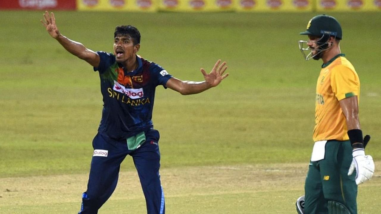 Sri Lanka's Maheesh Theekshana (L) celebrates after the dismissal of South Africa's Heinrich Klaasen as Aiden Markram (R) looks on during the first international Twenty20 cricket match between Sri Lanka and South Africa at the R. Premadasa Stadium in Colombo on September 10, 2021. Credit: AFP Photo