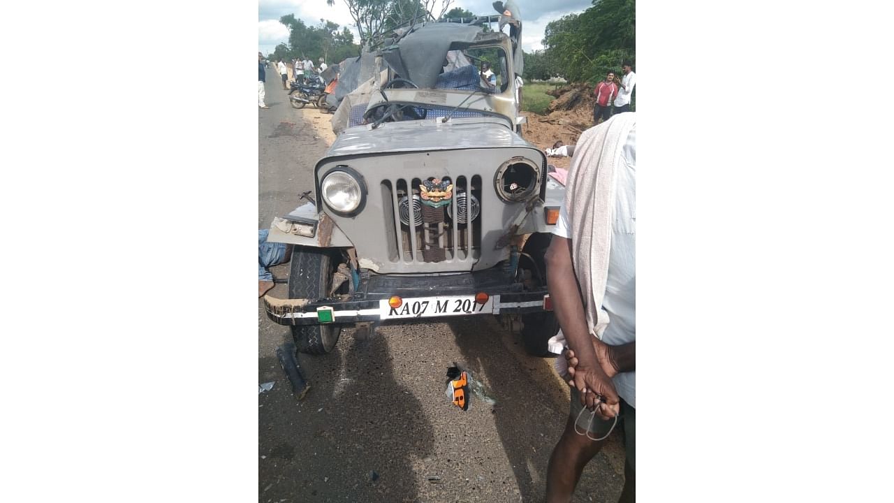 The jeep that was carrying excess passengers was plying between Taadihal Cross and Chintamani while the cement-laden lorry was on its way to Madanpalli in Andhra Pradesh. Credit: DH Photo