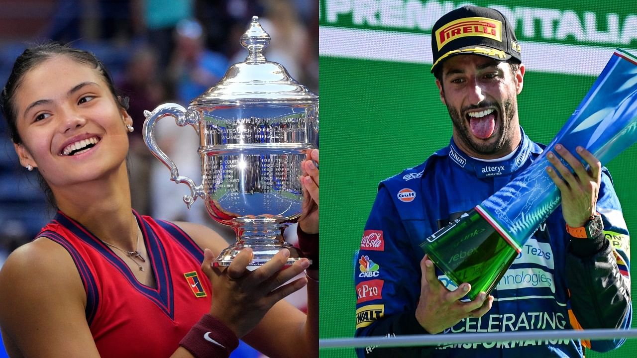 US Open winner Emma Raducanu (L) and Australian F1 driver Daniel Ricciardo. Credit: AFP Photos