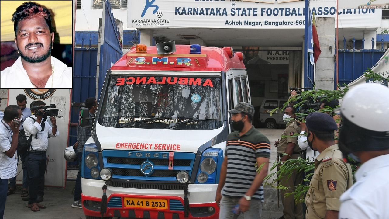 An ambulance shifts the body of Aravind (inset) from the Bangalore Football Stadium on Sunday, September 12, 2021. Credit: DH Photo/S K Dinesh