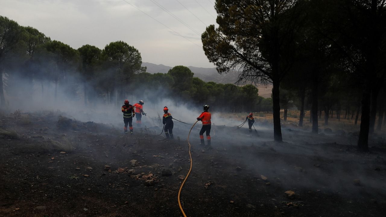 Firefighters extinguish a small wildfire in Ronda, near Estepona, Spain, September 13, 2021. Credit: Reuters Photo