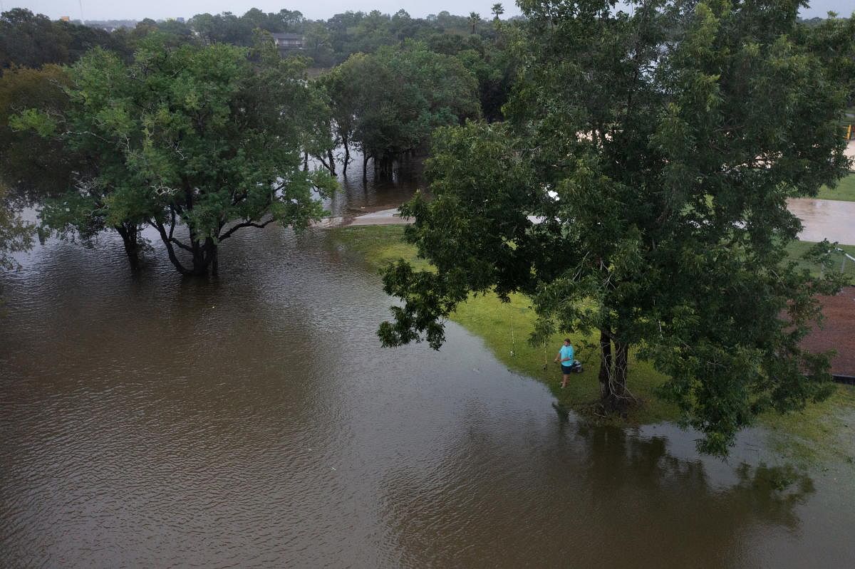 A man fishes under a tree as flood waters surround a neighbourhood in the aftermath of Hurricane Nicholas in League City, Texas. Credit: Reuters Photo