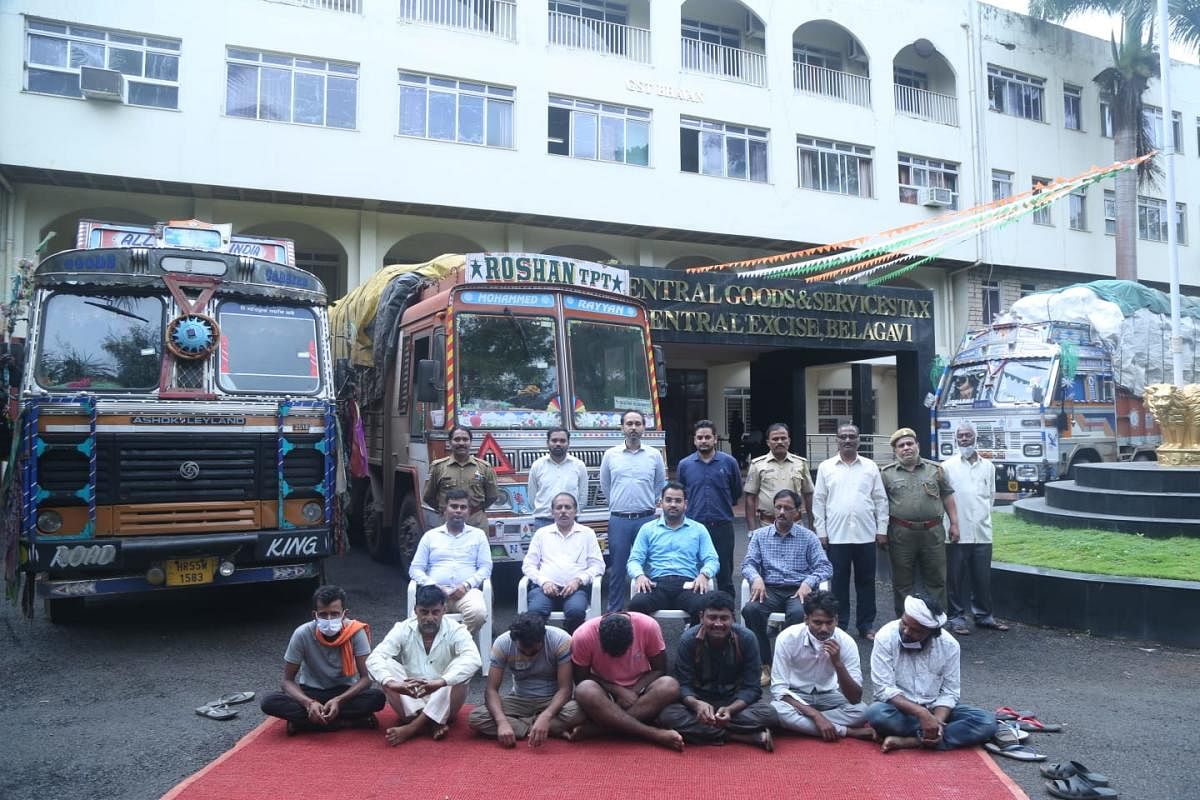 Central GST &amp; Central Excise Commissionerate officials in Belagavi seized seven vehicles transporting areca nut, worth Rs 7 crore, without proper GST documents on Hubballi-Navalgund Road on Tuesday. DH photo
