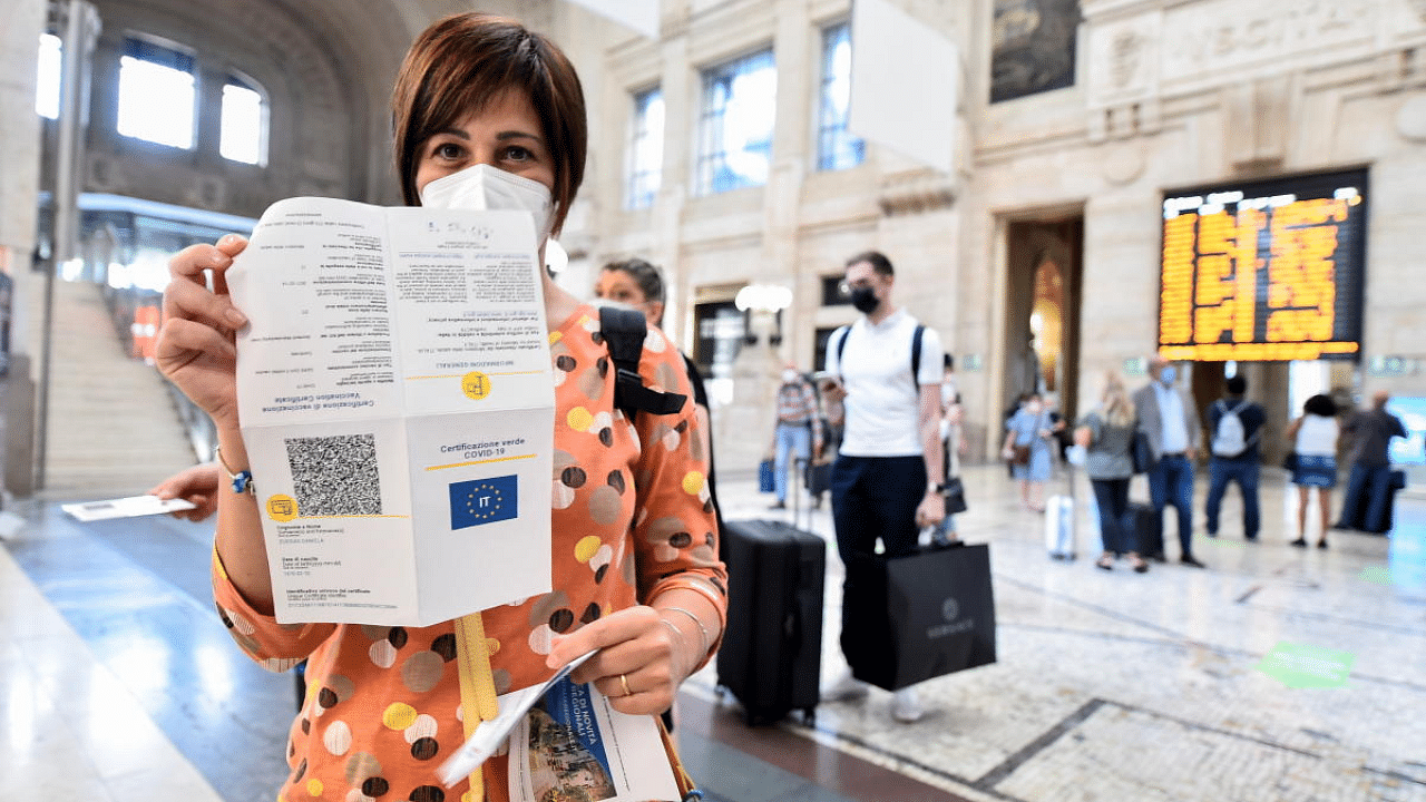 A woman shows her Covid-19 certificate at a train station in Milan, Italy. Credit: Reuters Photo