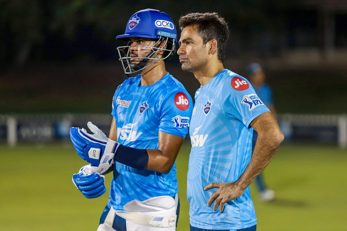 Delhi Capitals' Assistant Coach Mohammad Kaif (R), during a practice session in Dubai. Credit: PTI Photo