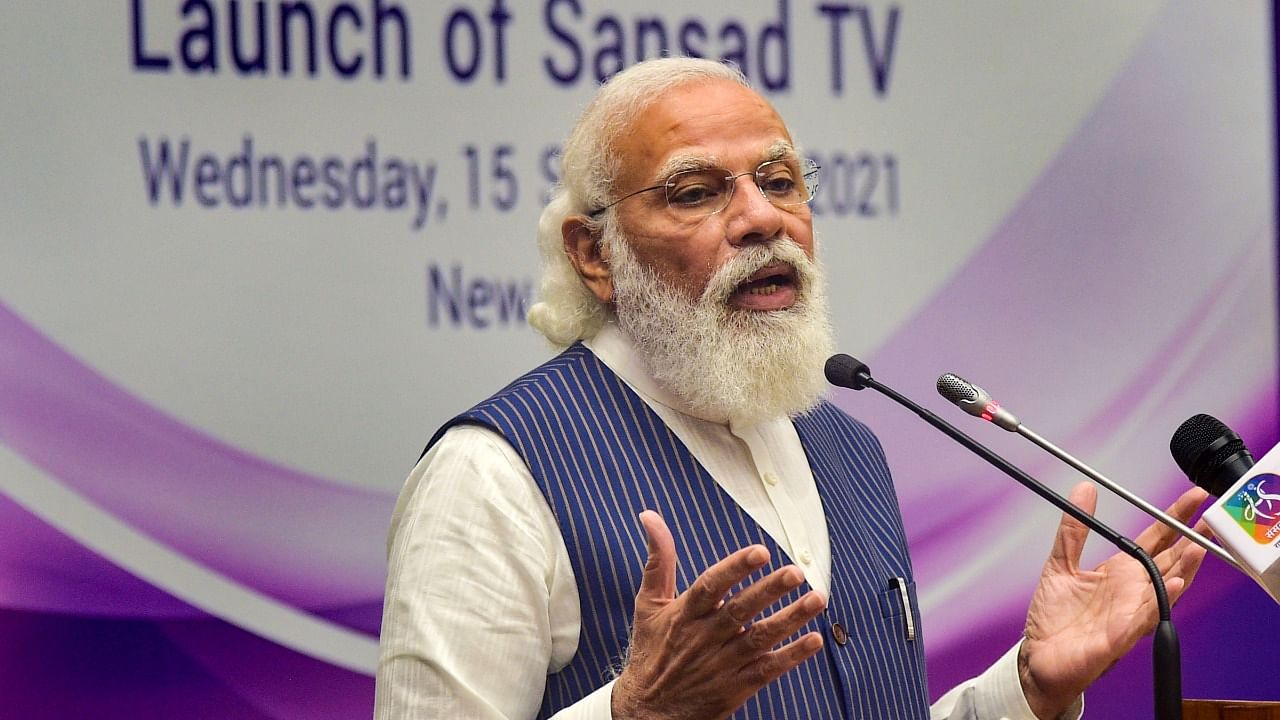 Prime Minister Narendra Modi addresses the launch of 'Sansad TV', at Parliament House Annexe in New Delhi, Wednesday, September 15, 2021. Credit: PTI Photo