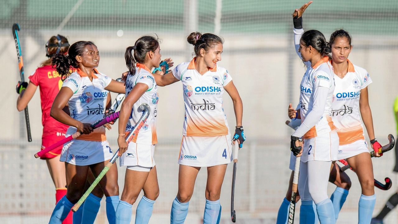  Indian Women hockey player Udita celebrates with team after a match. Credit: PTI File Photo