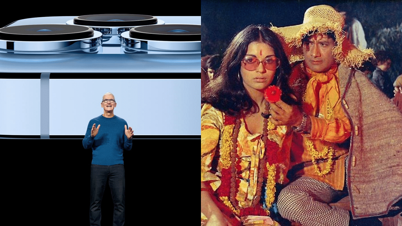 Apple CEO Tim Cook at the Apple event (left), a screengrab from the original song video of Dum Maro Dum. Credit: Reuters Photo