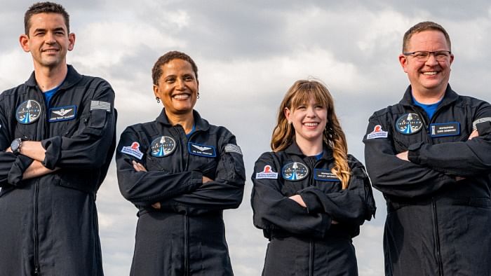 The Inspiration4 crew (L-R) Jared Isaacman, Sian Proctor, Hayley Arceneaux and Chris Sembroski pose for a photo. Credit: AFP Photo