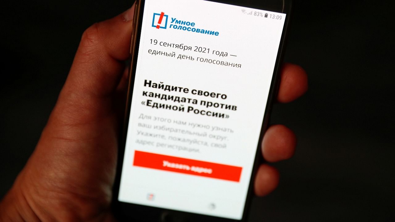 The Russian opposition politician Alexei Navalny's Smart Voting app is seen on a phone. Credit: Reuters Photo