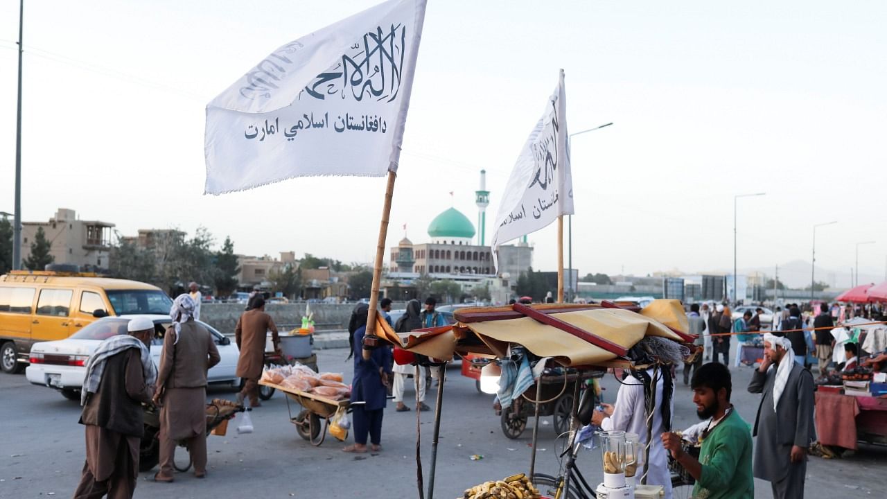 Taliban flags are seen on a street in Kabul. Credit: Reuters Photo