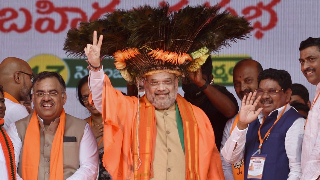 Union Home Minister Amit Shah during a public meeting on the occasion of Telangana Liberation Day, in Nirmal, Friday, September 17, 2021. Credit: PTI Photo
