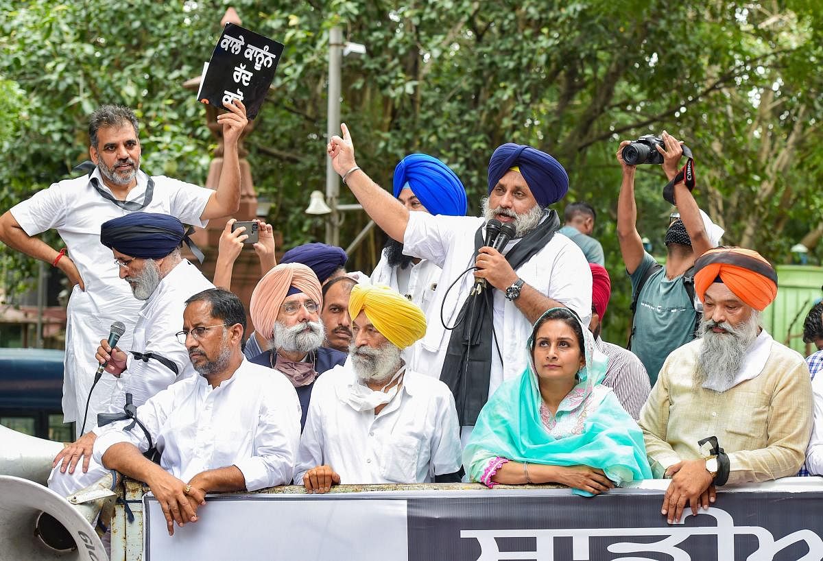 Shiromani Akali Dal (SAD) chief Sukhbir Singh Badal addresses to party leaders and supporters during a protest march to observe "black friday" on completion of one year of their protest against the Centre's three farm reform laws, near Gurudwara Rakabganj in New Delhi. Credit: PTI Photo