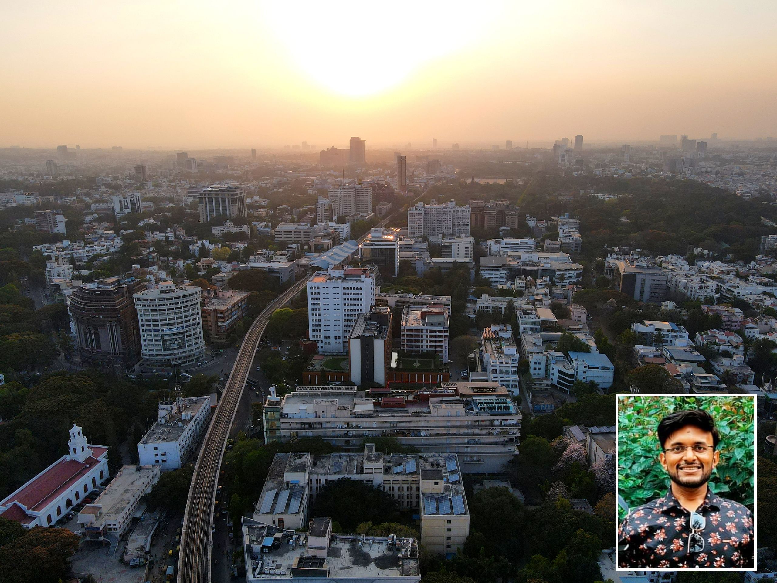 Drone shot of a Bengaluru sunset captured by travel vlogger Nivedith G (inset). 