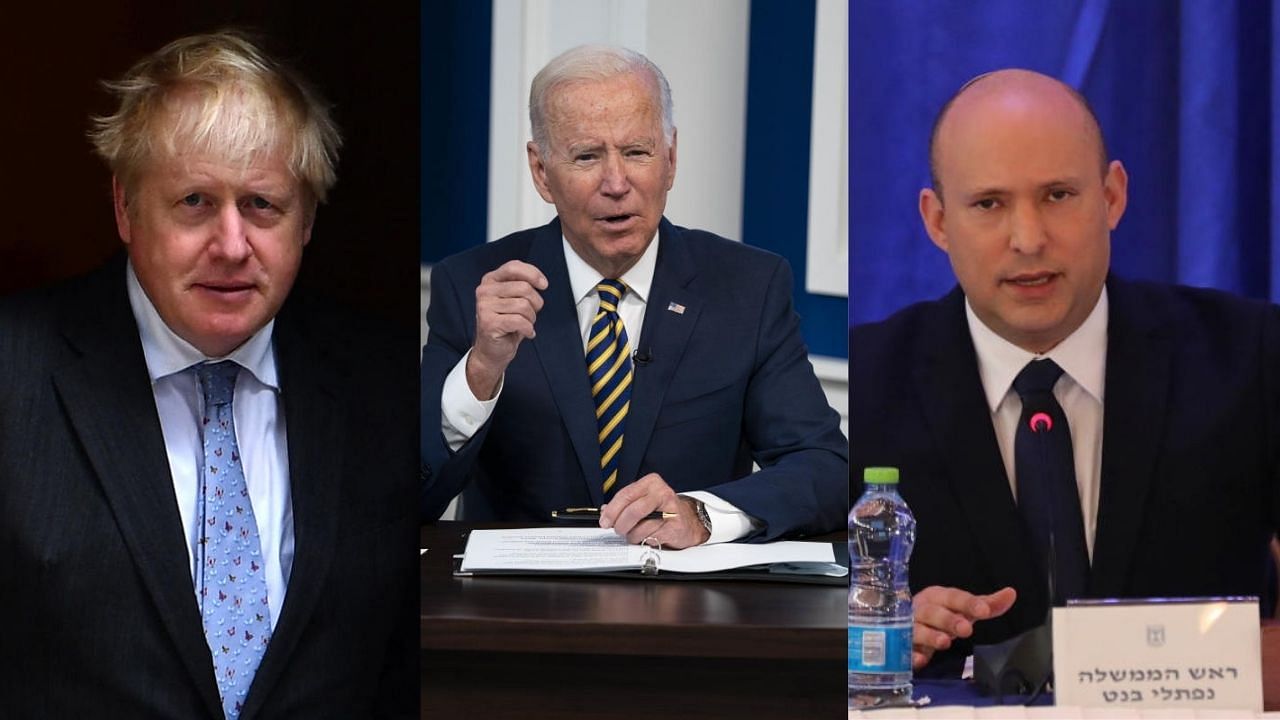 Boris Johnson (L), Joe Biden (Centre), and Naftali Bennett (R). Credit: AFP and Reuters Photo