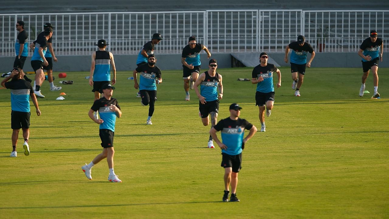 The 34-member New Zealand cricket squad reached Dubai after leaving Islamabad on a charter flight on Saturday night. Credit: AP/PTI Photo