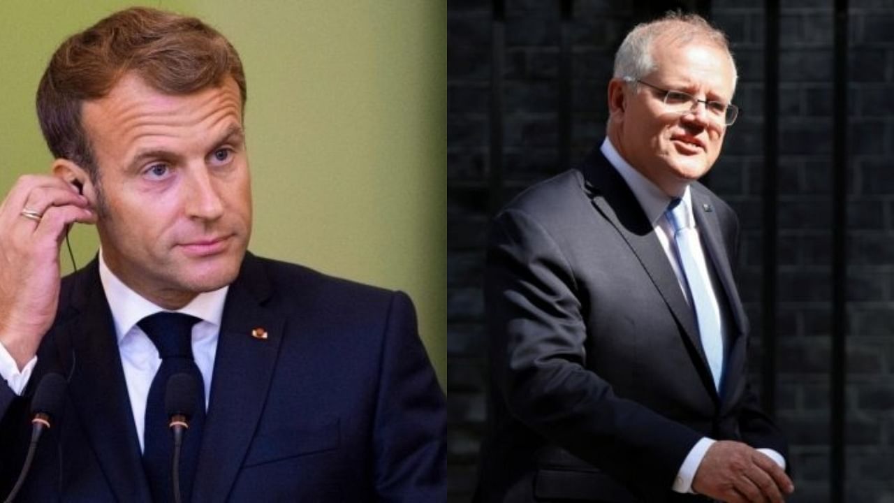 French President Emmanuel Macron (L) and Australia Prime Minister Scott Morrison. Credit: AFP Photo