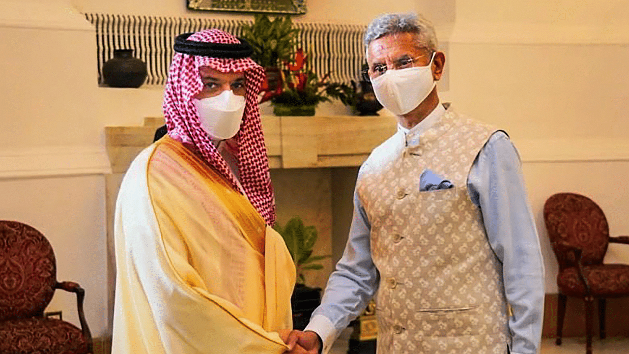 Foreign Minister of Saudi Arabia HH Prince Faisal bin Farhan Al Saud in Delhi with EAM S Jaishankar. Credit: PTI Photo
