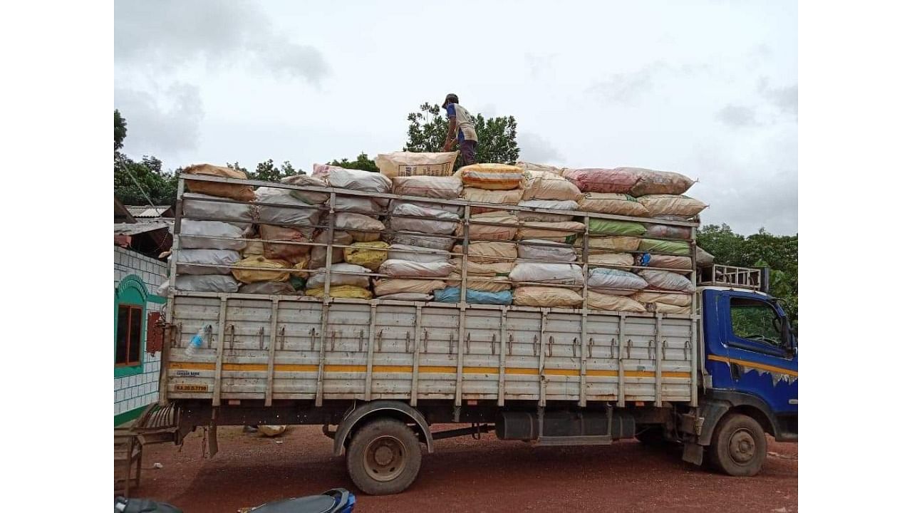 Dry waste collected by a gram panchayat is ready to be transported to a scrap dealer in one of the gram panchayats in Dakshina Kannada. Credit: DH Photo