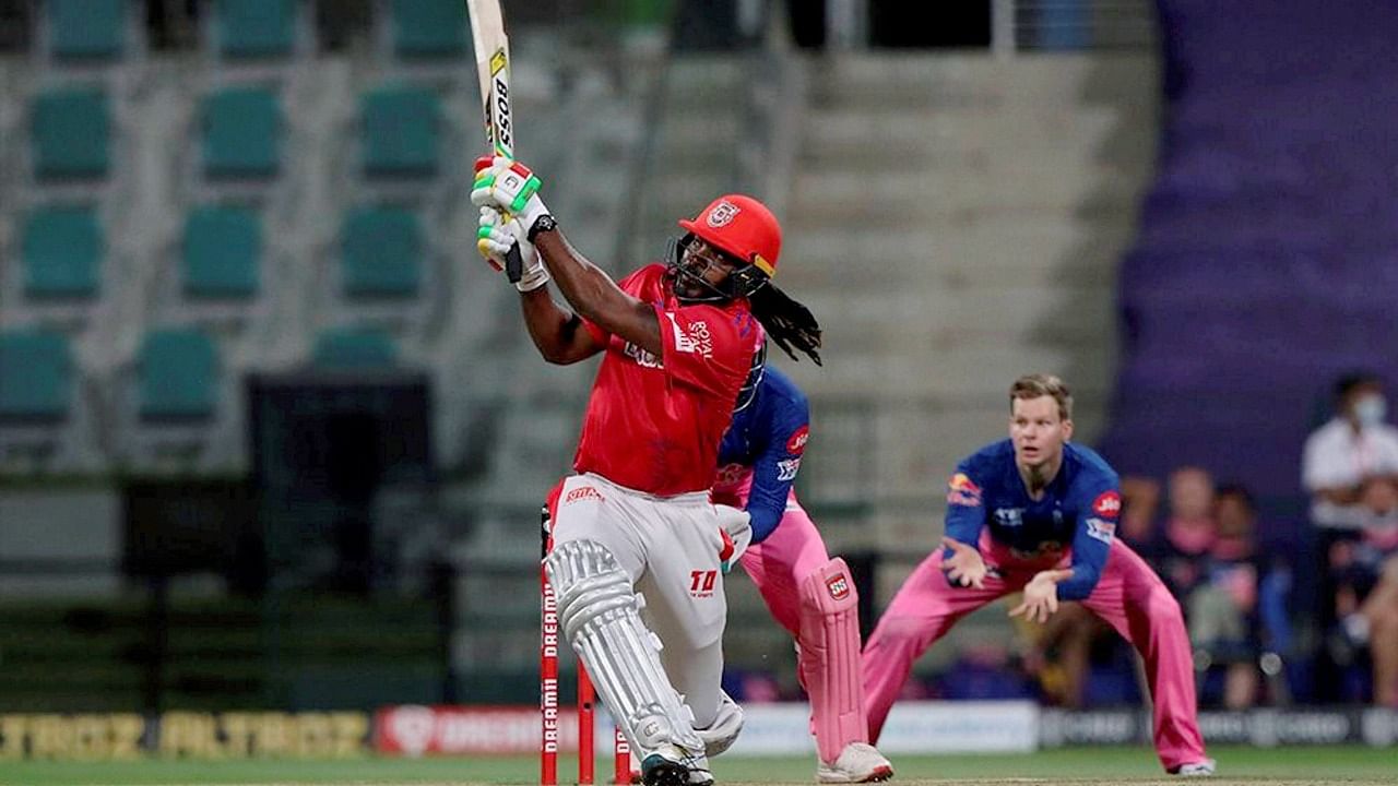 Chris Gayle of Punjab Kings plays a shot against Rajasthan Royals in IPL 2020. Credit: PTI File Photo