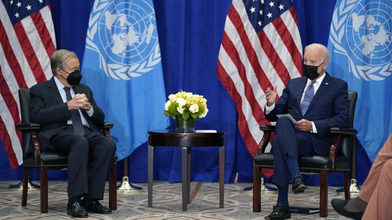 President Joe Biden meets with United Nations Secretary General Antonio Guterres at UNGA. Credit: AP Photo