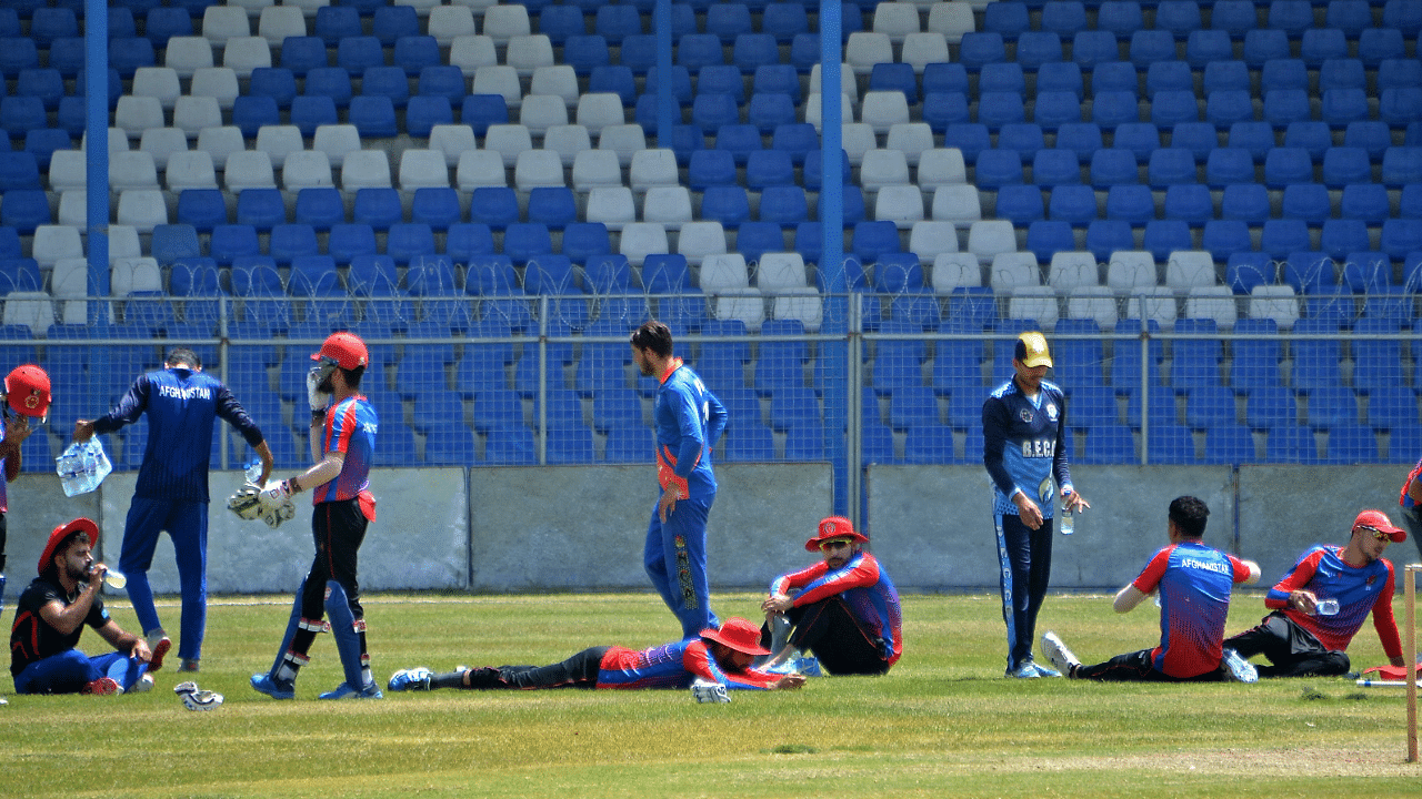 Afghanistan's national cricket team players attend a training session at the Kabul International Cricket Ground. Credit: AFP File Photo