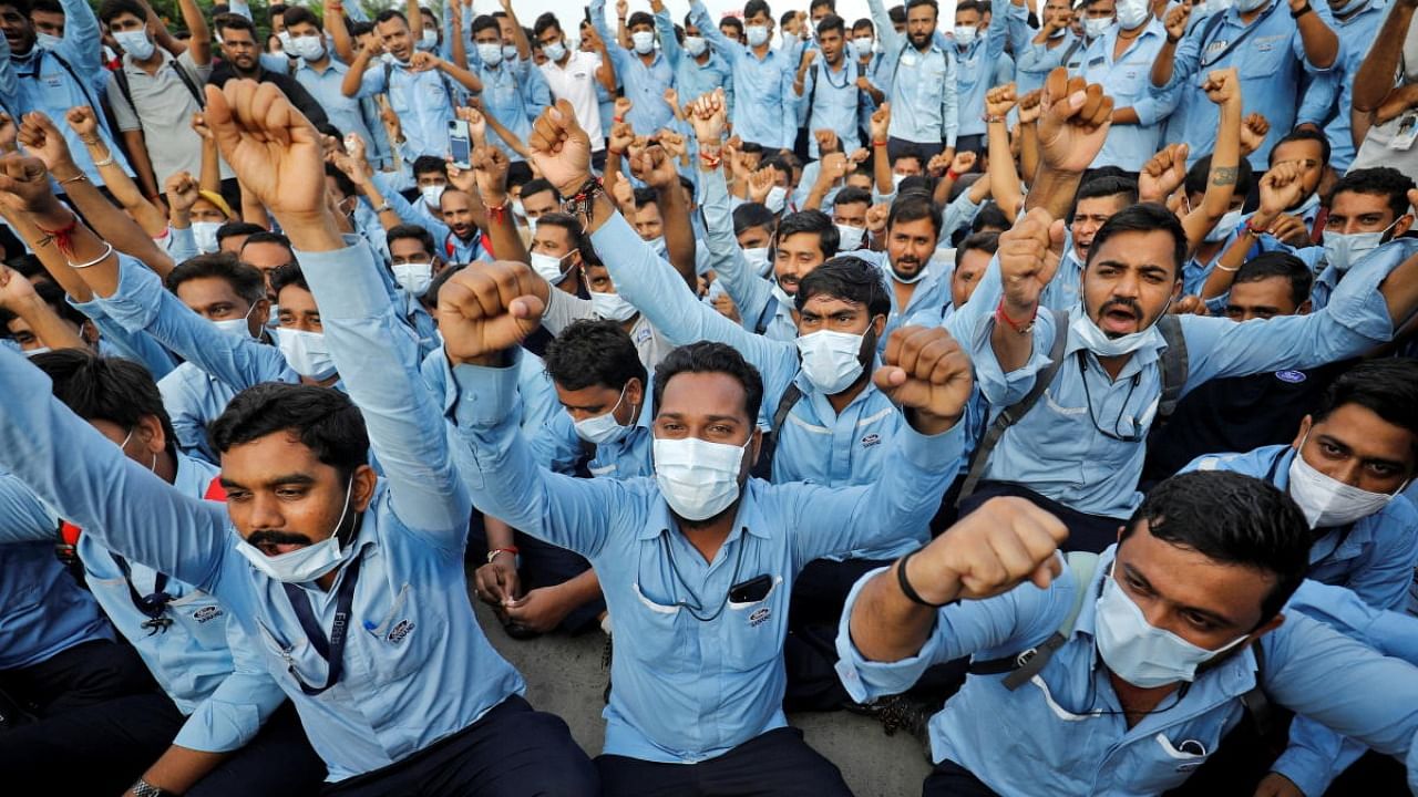 Ford employees protest in Gujarat. Credit: Reuters Photo