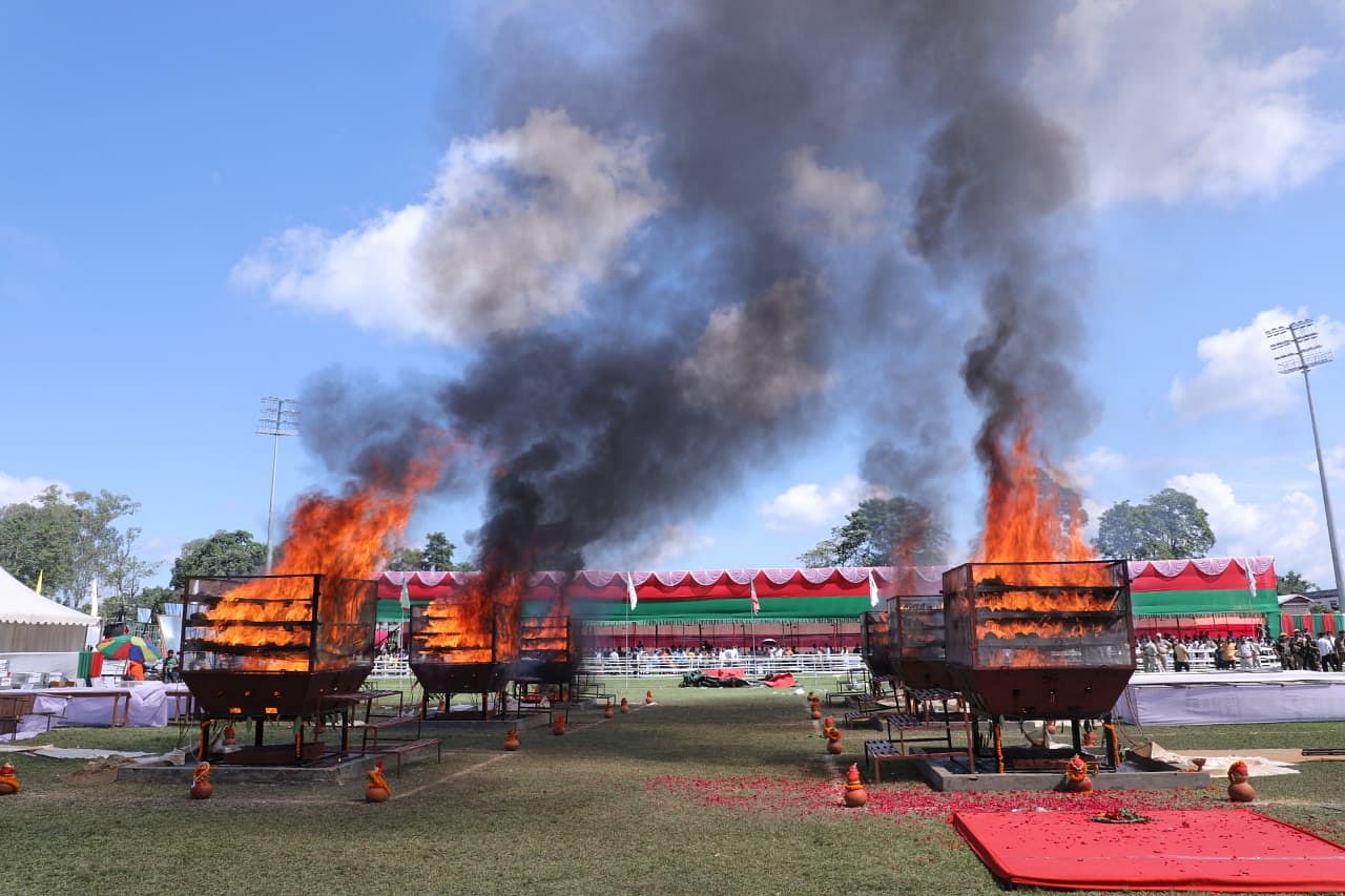 The pyres were remotely lit through drones by Assam Chief Minister Himanta Biswa Sarma. Credit: Special Arrangement