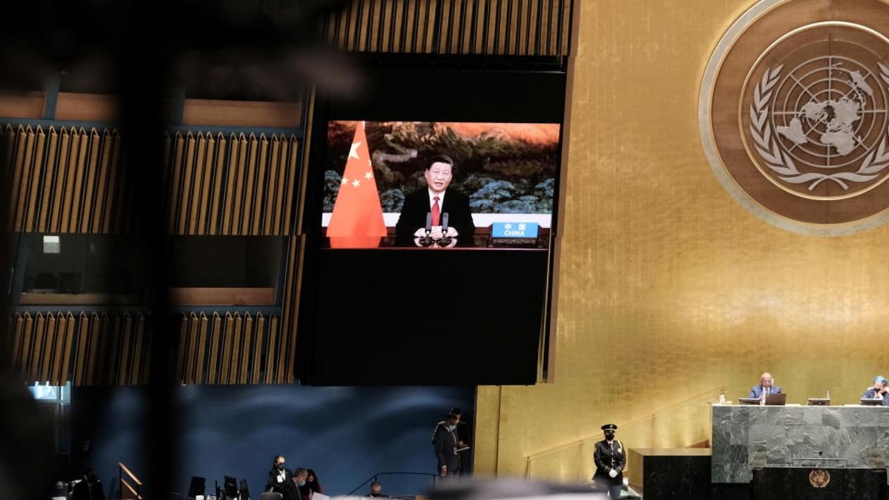 Chinese President Xi Jinping speaks remotely during the 76th Session of the General Assembly at UN Headquarters in New York. Credit: Reuters photo