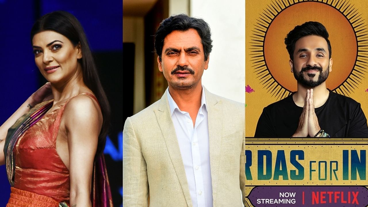 Sushmita Sen (L), Nawazuddin Siddiqui (C) and Vir Das. Credit: AFP, Netflix Photos