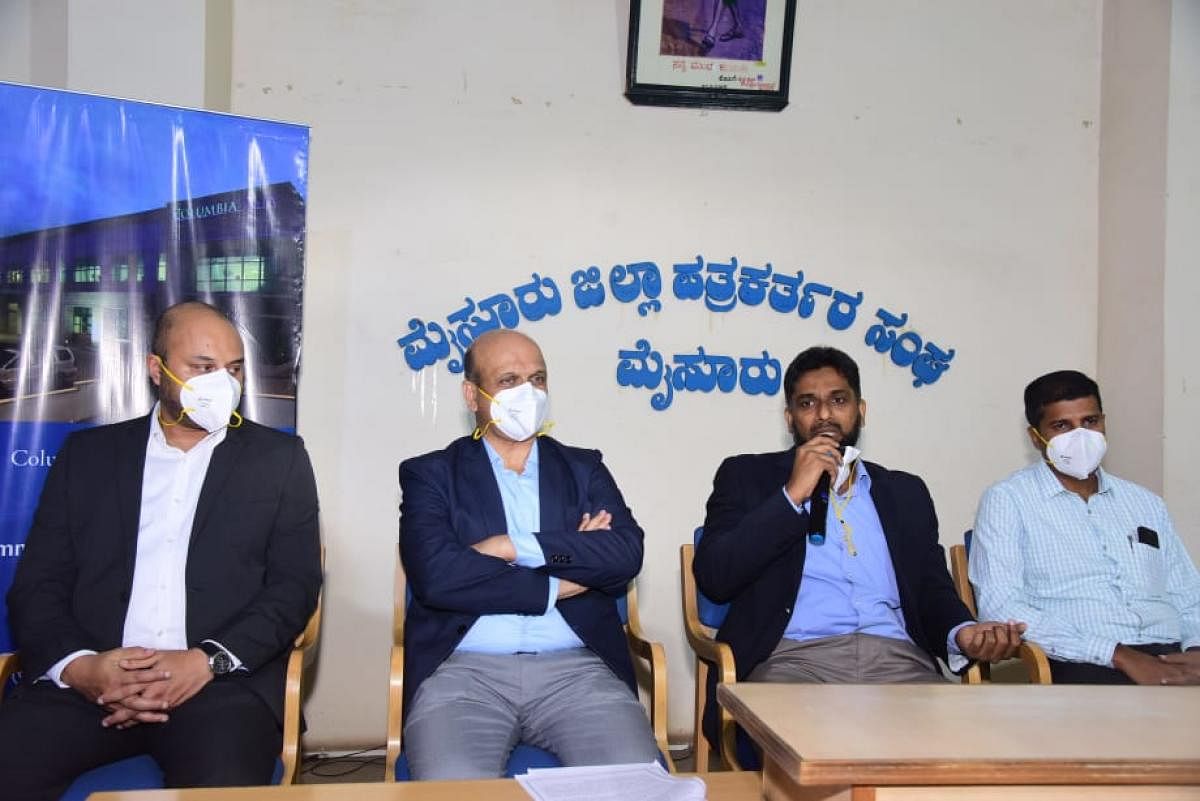 Dr Maqsood, neurosurgeon, Dr Gautam Das, general manager, Dr Upendra Shenoy, chief of medical services and Dr Mahadev, consultant, intensive care, Columbia Asia Hospitals, conduct a press meet in Mysuru on Thursday. Credit: DH Photo