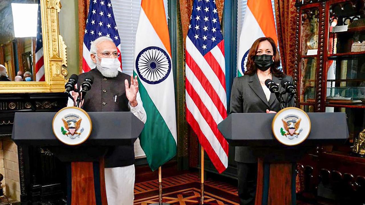 Prime Minister Narendra Modi with USA Vice President Kamala Harris during a Bilateral Meeting, in Washington DC.Credit: PTI Photo