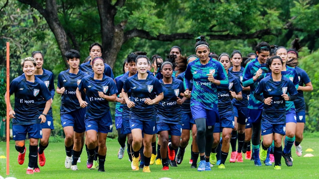 The Indian women's football team during a training session in Jamshedpur. Credit: Twitter/@IndianFootball
