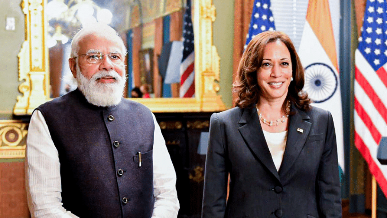 Prime Minister Narendra Modi with USA Vice President Kamala Harris. Credit: PTI Photo