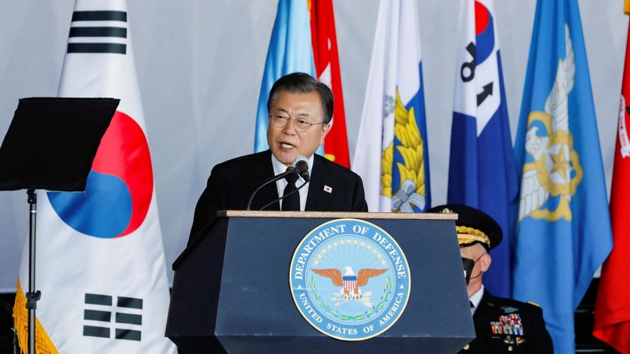 South Korea's President Moon Jae-in speaks during the first joint repatriation ceremony for Korean War remains at Joint Base Pearl Harbor-Hickam near Honolulu. Credit: Reuters photo