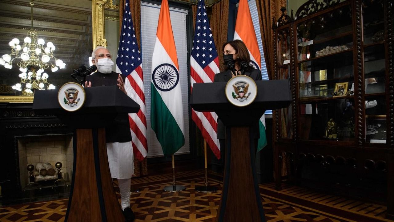 Indian Prime Minister Narendra Modi (L) speaks alongside US Vice President Kamala Harris prior to talks at the Vice President’s Ceremonial Office in the Eisenhower Executive Office Building next to the White House. Credit: AFP Photo